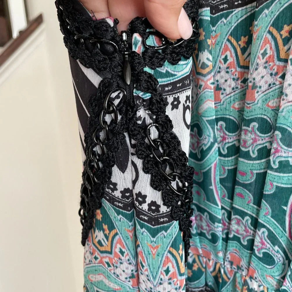 V Cristina Sleeveless Maxi Dress High Neck Pleated Crochet Beaded Trim - SZ L - Picture 5 of 7